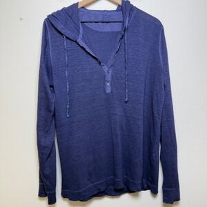 120% Lino Women Sweater Large Purple Linen Henley Hoodie Long Sleeve Coastal